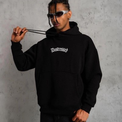 Erkek Baskılı Kapüşonlu 3 iplik pamuklu hoodie Sweatshirt - Siyah
