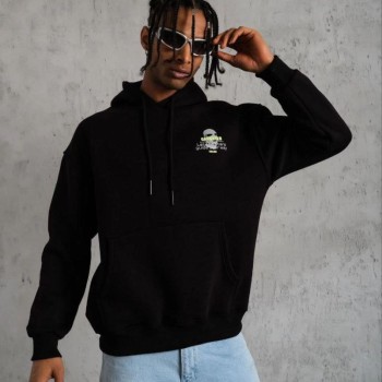 Erkek Baskılı Kapüşonlu 3 iplik pamuklu hoodie Sweatshirt - Siyah