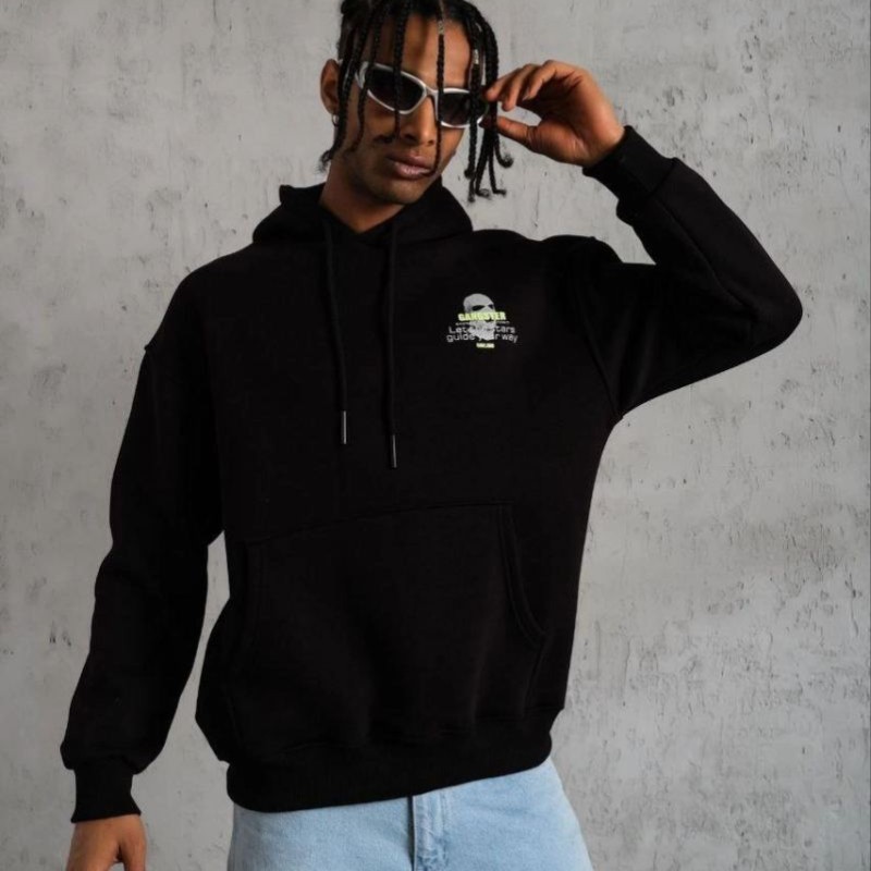 Erkek Baskılı Kapüşonlu 3 iplik pamuklu hoodie Sweatshirt - Siyah