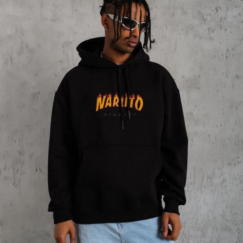Erkek Baskılı Kapüşonlu 3 iplik pamuklu hoodie Sweatshirt - Siyah