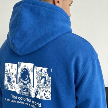 Erkek Baskılı Kapüşonlu Cepli Hoodie 3 İplik Pamuklu Sweatshirt - Saks Mavisi
