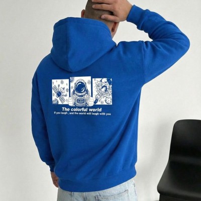 Erkek Baskılı Kapüşonlu Cepli Hoodie 3 İplik Pamuklu Sweatshirt - Saks Mavisi