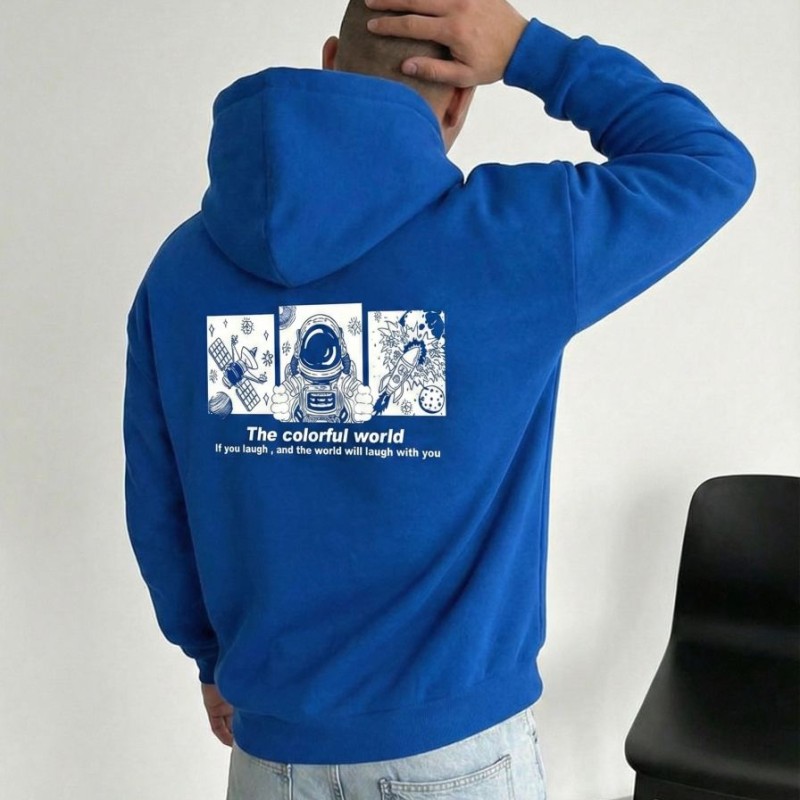 Erkek Baskılı Kapüşonlu Cepli Hoodie 3 İplik Pamuklu Sweatshirt - Saks Mavisi