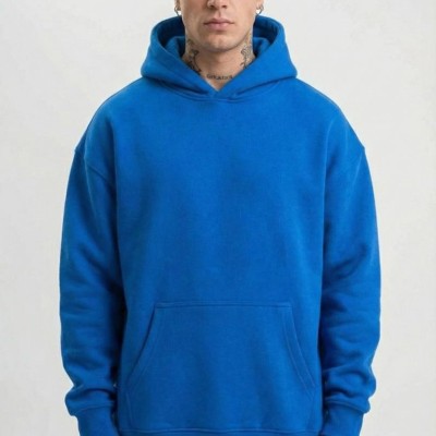 Erkek Baskılı Kapüşonlu Cepli Hoodie 3 İplik Pamuklu Sweatshirt - Saks Mavisi