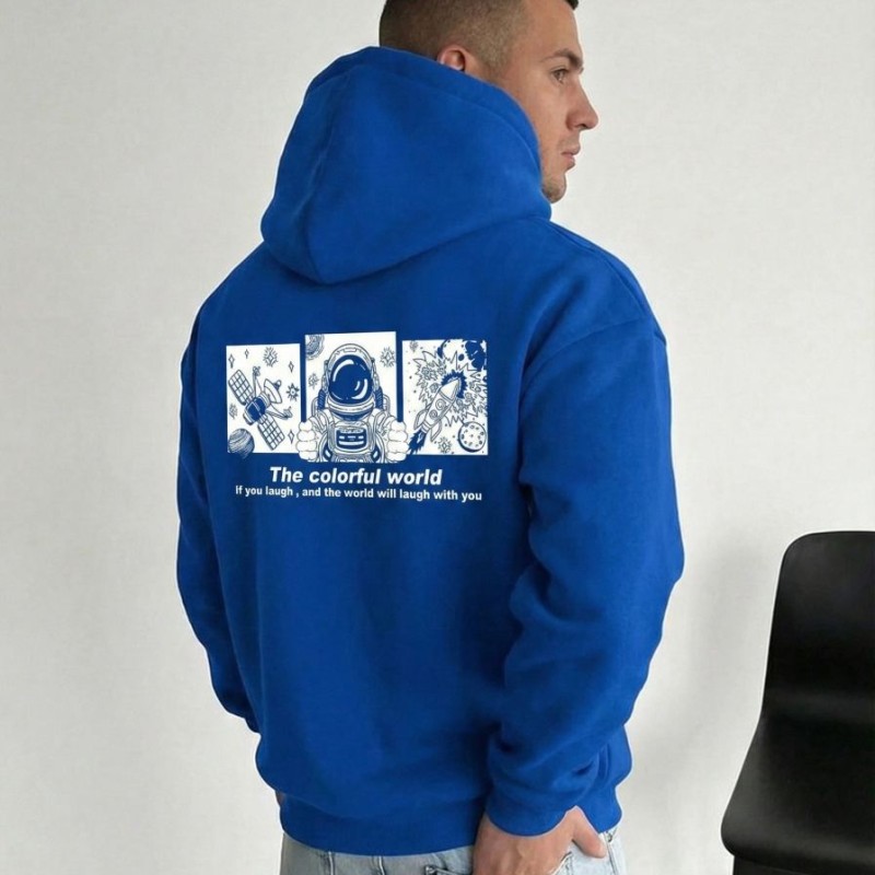 Erkek Baskılı Kapüşonlu Cepli Hoodie 3 İplik Pamuklu Sweatshirt - Saks Mavisi