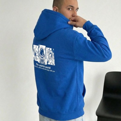 Erkek Baskılı Kapüşonlu Cepli Hoodie 3 İplik Pamuklu Sweatshirt - Saks Mavisi