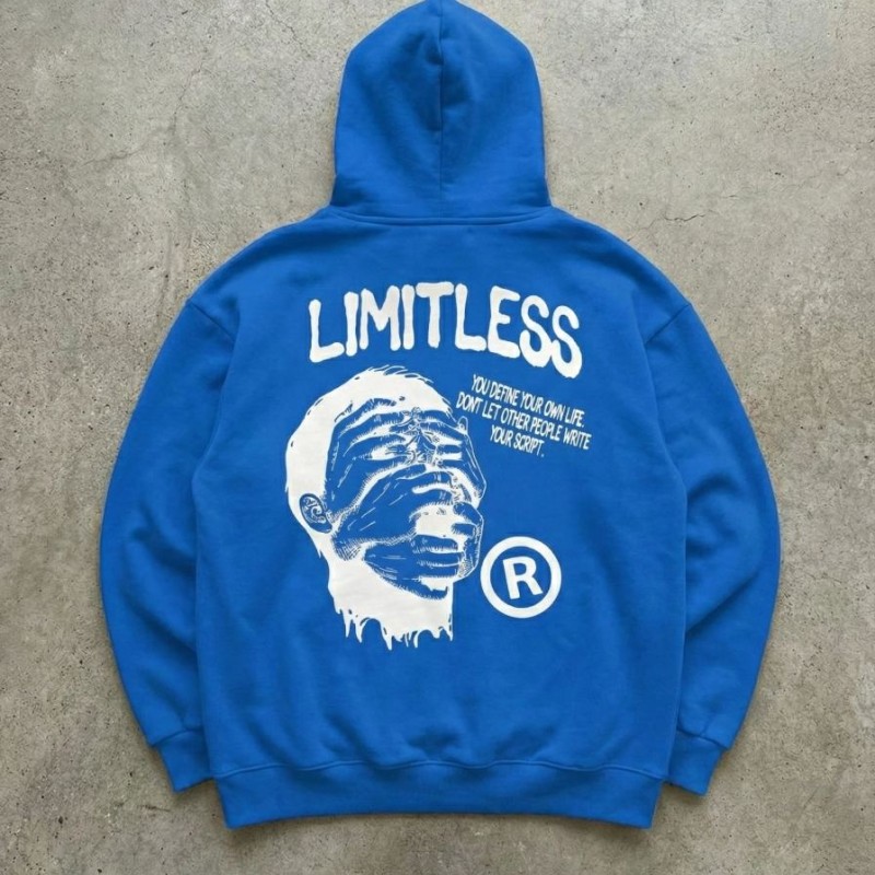 Erkek Baskılı Kapüşonlu Cepli Hoodie 3 İplik Pamuklu Sweatshirt - Saks Mavisi