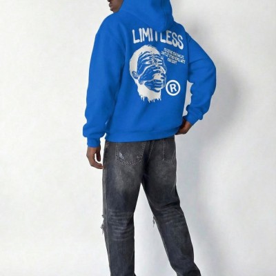 Erkek Baskılı Kapüşonlu Cepli Hoodie 3 İplik Pamuklu Sweatshirt - Saks Mavisi