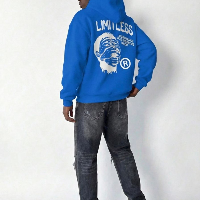 Erkek Baskılı Kapüşonlu Cepli Hoodie 3 İplik Pamuklu Sweatshirt - Saks Mavisi