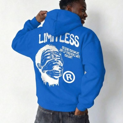 Erkek Baskılı Kapüşonlu Cepli Hoodie 3 İplik Pamuklu Sweatshirt - Saks Mavisi