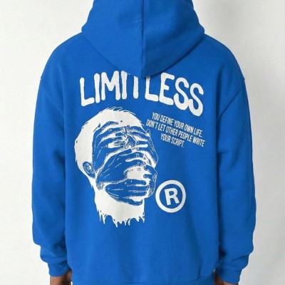 Erkek Baskılı Kapüşonlu Cepli Hoodie 3 İplik Pamuklu Sweatshirt - Saks Mavisi
