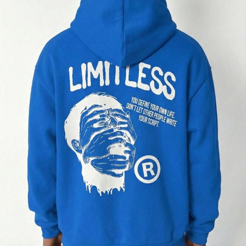 Erkek Baskılı Kapüşonlu Cepli Hoodie 3 İplik Pamuklu Sweatshirt - Saks Mavisi