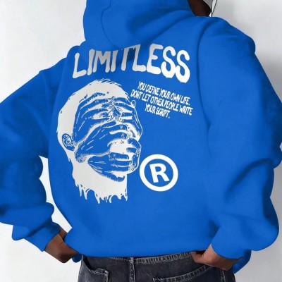 Erkek Baskılı Kapüşonlu Cepli Hoodie 3 İplik Pamuklu Sweatshirt - Saks Mavisi
