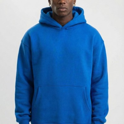 Erkek Baskılı Kapüşonlu Cepli Hoodie 3 İplik Pamuklu Sweatshirt - Saks Mavisi