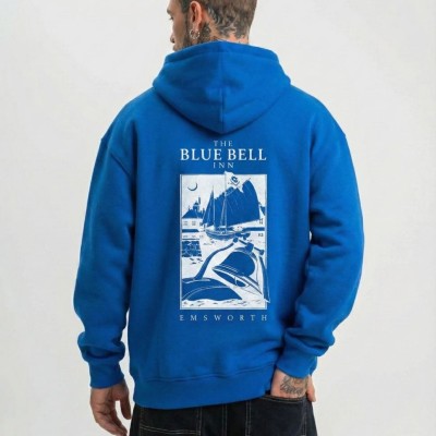 Erkek Baskılı Kapüşonlu Cepli Hoodie 3 İplik Pamuklu Sweatshirt - Saks Mavisii