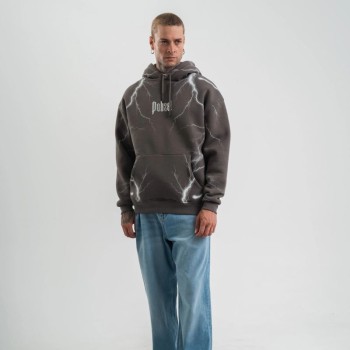 Erkek Baskılı Kapüşonlu Oversize 3 İplik Pamuklu SweatShirt Hoodie - Füme