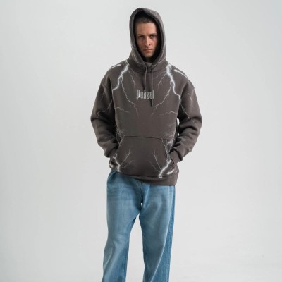 Erkek Baskılı Kapüşonlu Oversize 3 İplik Pamuklu SweatShirt Hoodie - Füme