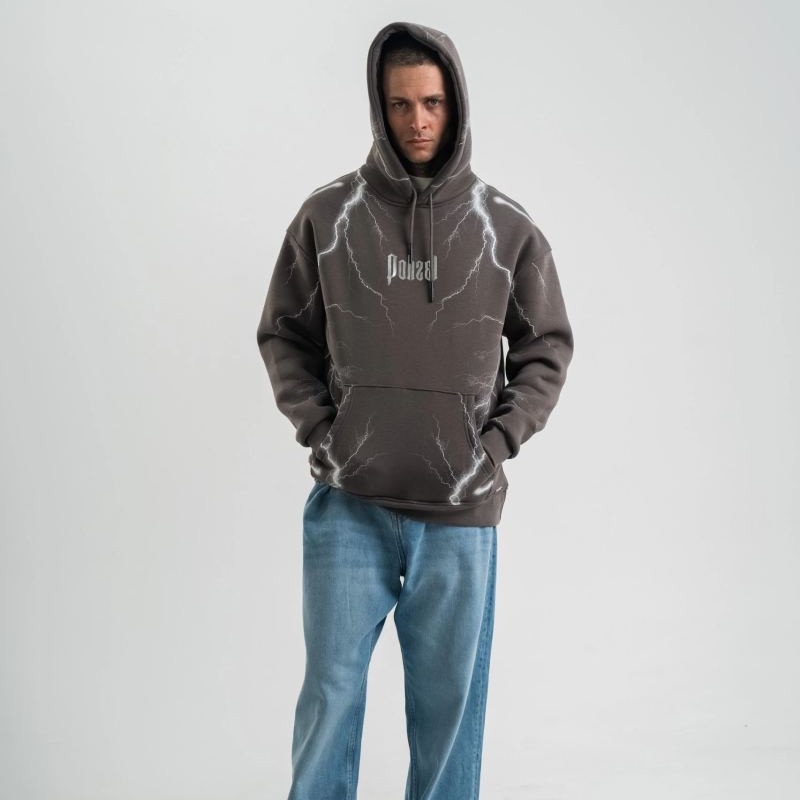Erkek Baskılı Kapüşonlu Oversize 3 İplik Pamuklu SweatShirt Hoodie - Füme
