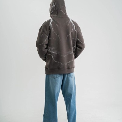 Erkek Baskılı Kapüşonlu Oversize 3 İplik Pamuklu SweatShirt Hoodie - Füme