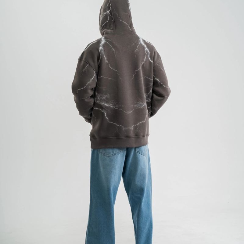 Erkek Baskılı Kapüşonlu Oversize 3 İplik Pamuklu SweatShirt Hoodie - Füme