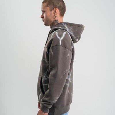Erkek Baskılı Kapüşonlu Oversize 3 İplik Pamuklu SweatShirt Hoodie - Füme