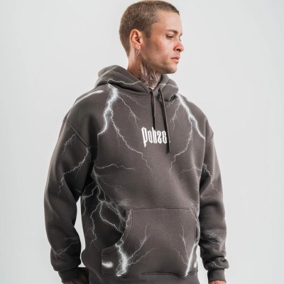 Erkek Baskılı Kapüşonlu Oversize 3 İplik Pamuklu SweatShirt Hoodie - Füme