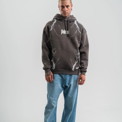 Erkek Baskılı Kapüşonlu Oversize 3 İplik Pamuklu SweatShirt Hoodie - Füme
