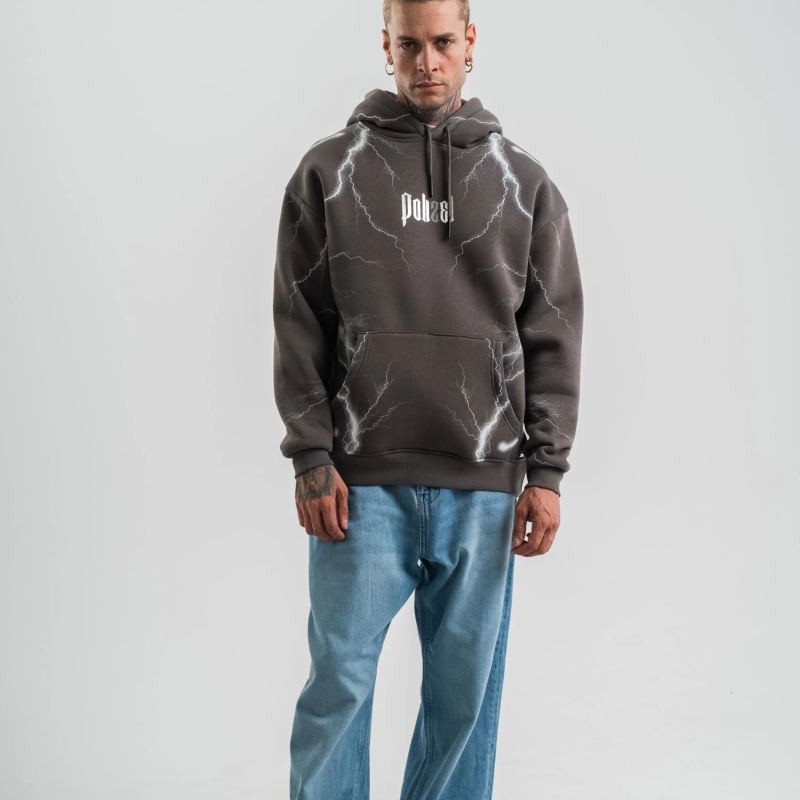 Erkek Baskılı Kapüşonlu Oversize 3 İplik Pamuklu SweatShirt Hoodie - Füme