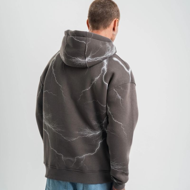 Erkek Baskılı Kapüşonlu Oversize 3 İplik Pamuklu SweatShirt Hoodie - Füme