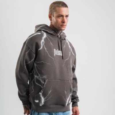 Erkek Baskılı Kapüşonlu Oversize 3 İplik Pamuklu SweatShirt Hoodie - Füme
