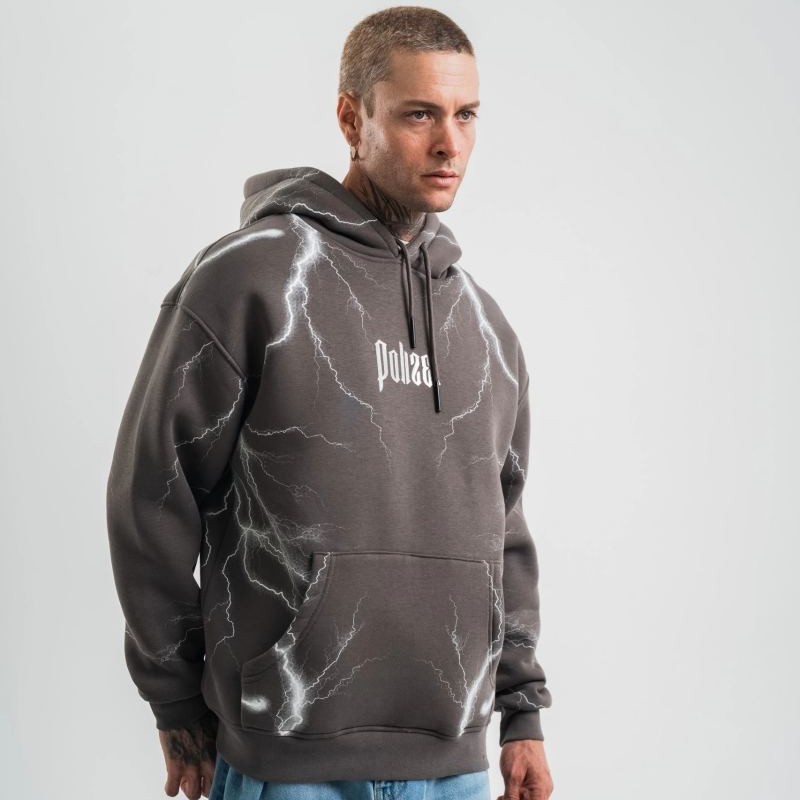 Erkek Baskılı Kapüşonlu Oversize 3 İplik Pamuklu SweatShirt Hoodie - Füme
