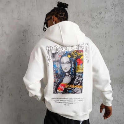 Erkek Baskılı Kapüşonlu ve Kanguru Cepli Sweatshirt hoodie - Beyaz