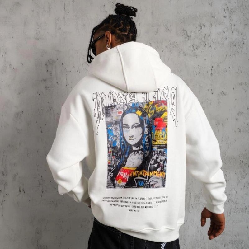 Erkek Baskılı Kapüşonlu ve Kanguru Cepli Sweatshirt hoodie - Beyaz