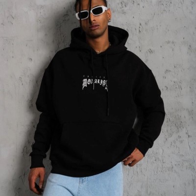 Erkek Baskılı Kapüşonlu ve Kanguru Cepli Sweatshirt hoodie- Siyah
