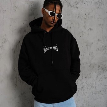 Erkek Baskılı Kapüşonlu ve Kanguru Cepli Sweatshirt hoodie- Siyah