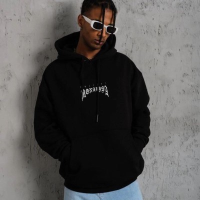 Erkek Baskılı Kapüşonlu ve Kanguru Cepli Sweatshirt hoodie- Siyah