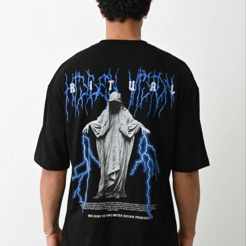 Erkek Baskılı Oversize  Kısa kol T-Shirt - Siyah