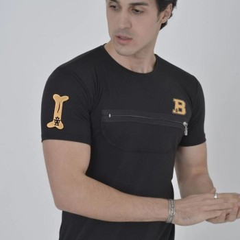 Erkek Baskılı T-Shirt Kısa Kol Bisiklet Yaka Göğüs Fermuarlı Slimfit Tişört  - Siyah