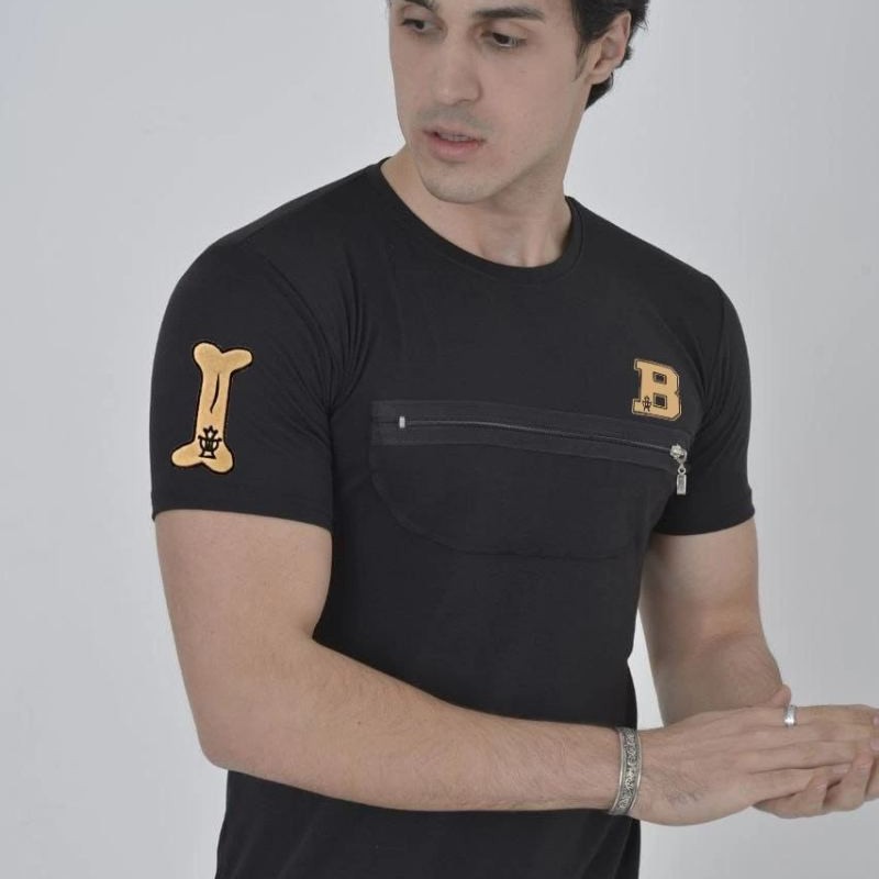 Erkek Baskılı T-Shirt Kısa Kol Bisiklet Yaka Göğüs Fermuarlı Slimfit Tişört  - Siyah