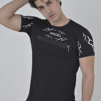 Erkek Baskılı T-Shirt Kısa Kol Bisiklet Yaka Göğüs Fermuarlı Slimfit Tişört  - Siyah