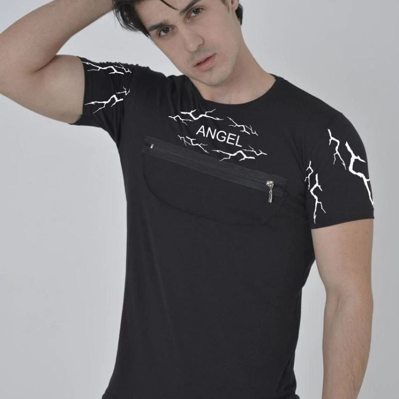 Erkek Baskılı T-Shirt Kısa Kol Bisiklet Yaka Göğüs Fermuarlı Slimfit Tişört  - Siyah