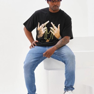 Erkek Baskılı T-Shirt Kısa Kol Bisiklet Yaka Rahat Kalıp Günlük Tişört - Siyah