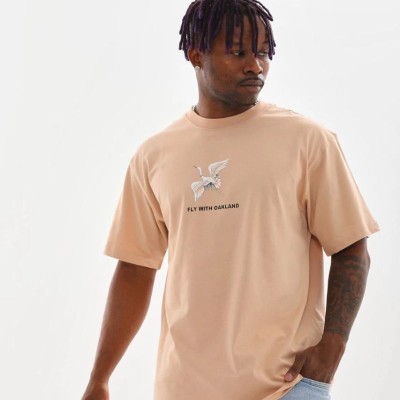 Erkek Baskılı T-Shirt Kısa Kol Bisiklet Yaka Rahat Kalıp Tişört - Bej