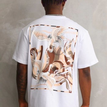 Erkek Baskılı T-Shirt Kısa Kol Bisiklet Yaka Rahat Kalıp Tişört - Beyaz