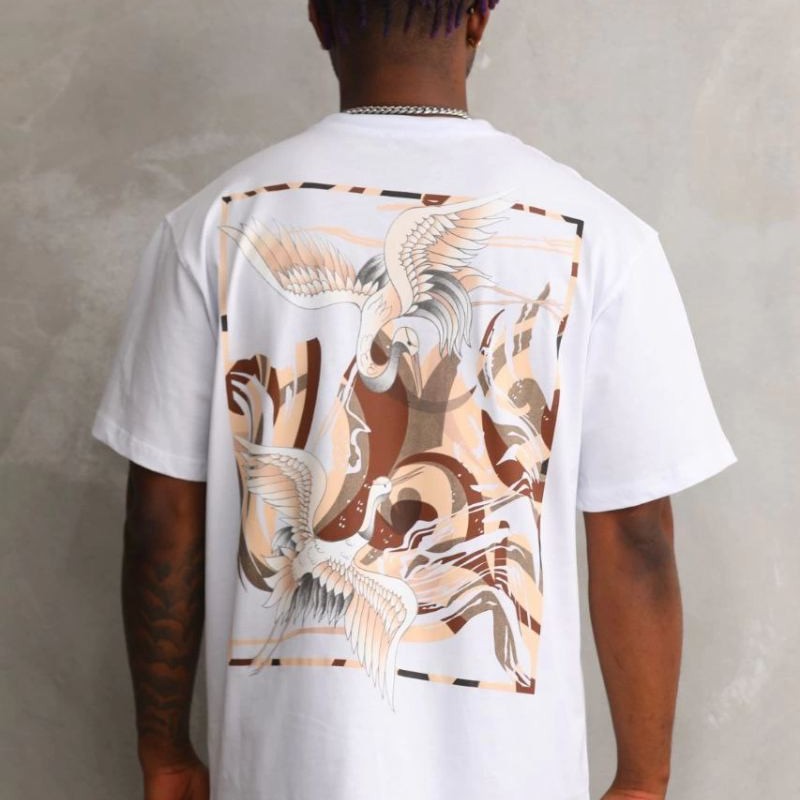Erkek Baskılı T-Shirt Kısa Kol Bisiklet Yaka Rahat Kalıp Tişört - Beyaz