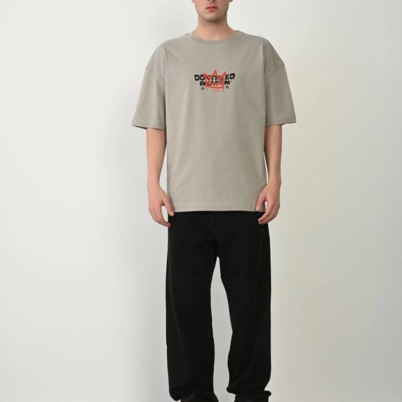 Erkek Baskılı T-Shirt Kısa Kol Bisiklet Yaka Rahat Kalıp Tişört  - Boyalı Gri