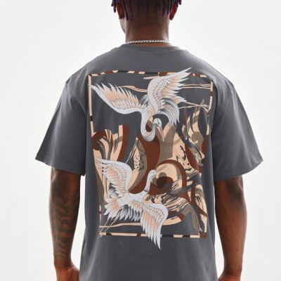 Erkek Baskılı T-Shirt Kısa Kol Bisiklet Yaka Rahat Kalıp Tişört  - Füme