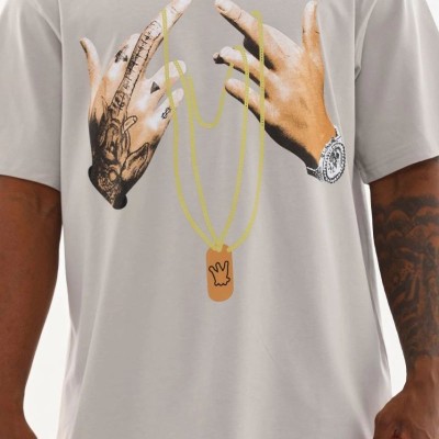 Erkek Baskılı T-Shirt Kısa Kol Bisiklet Yaka Rahat Kalıp Tişört - Gri