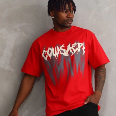 Erkek Baskılı T-Shirt Kısa Kol Bisiklet Yaka Rahat Kalıp Tişört - Kırmızı