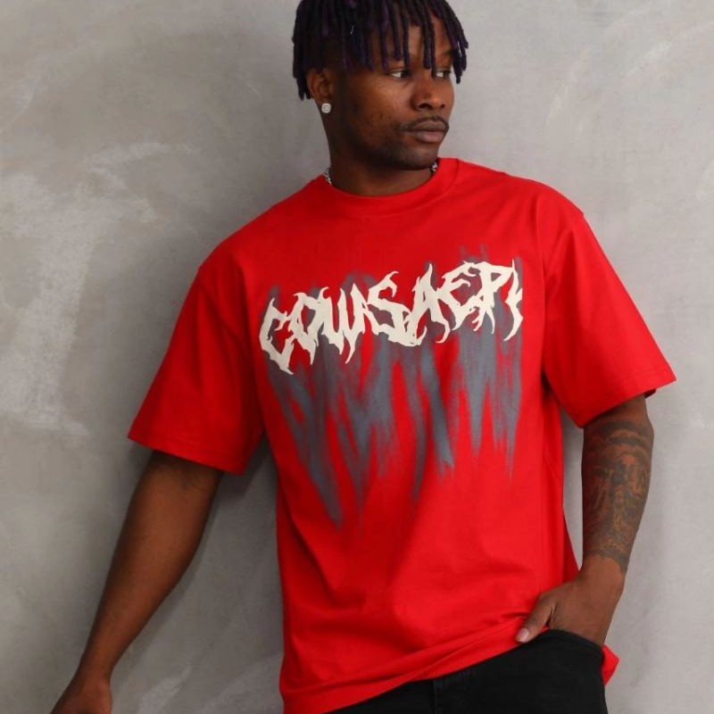 Erkek Baskılı T-Shirt Kısa Kol Bisiklet Yaka Rahat Kalıp Tişört - Kırmızı